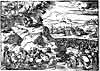 старинная гравюра из Библии якобы 1558 года (Biblia Sacra). Средневековый художник изобразил Моисея, поднимающегося на огнедышащую гору.